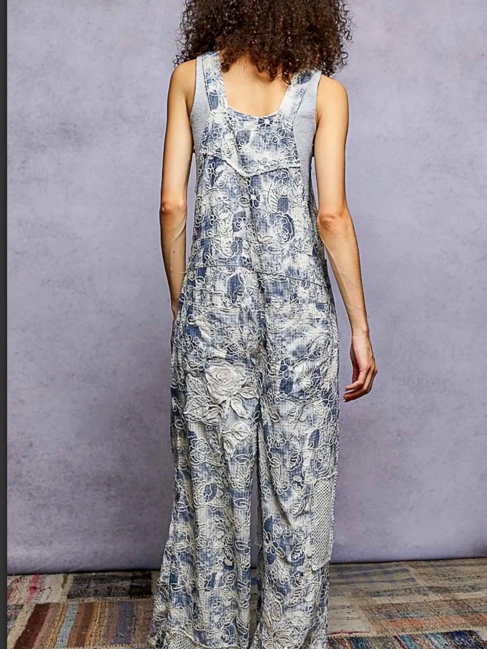 POL Blue and White Embroidered Wide-Leg Patchwork Overalls Sz S - Picture 3 of 16